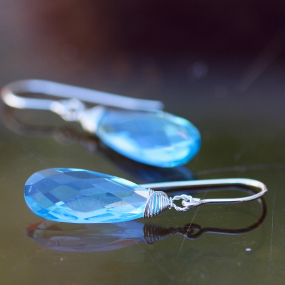 Wire Wrapped Swiss Blue Topaz Earrings Sterling Silver , December Birthstone - Picture 4 of 8